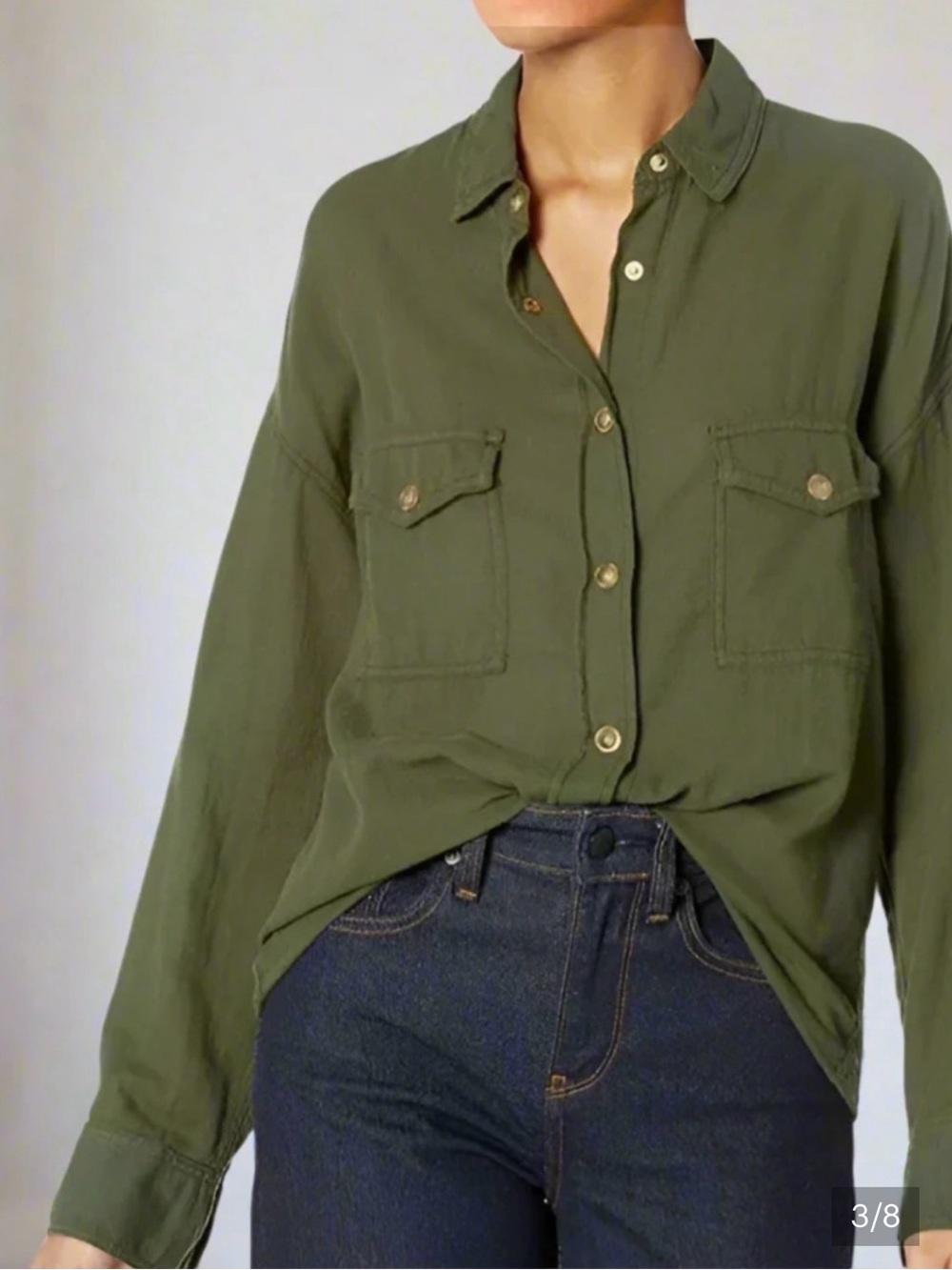 Kooples Jeans Olive Button-Front Utility Shirt Cotton Size 1-Small